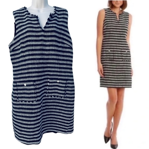 Karl Lagerfeld Tonal Tweed Shift Dress Black & White Size 16 Pockets - Picture 1 of 11